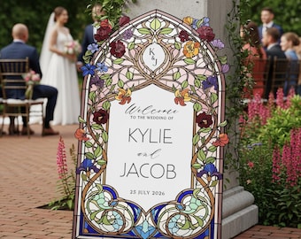 Wildflowers Stained Glass Wedding Sign,  Mirror Wedding Welcome Sign, Garden Wedding Entrance Sign, Printed Wedding Signs Mirror Or Acrylic