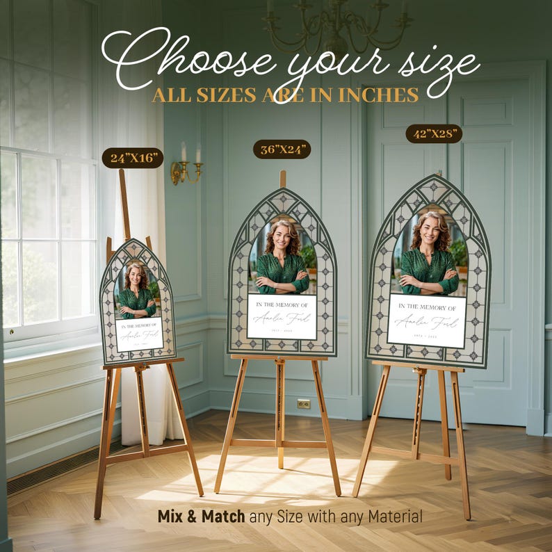 May include: Memorial sign with a photo of a woman in a green top, framed in a decorative arch. The sign is on a wooden easel. Text reads "In the memory of" and "Choose your size, all sizes are in inches."