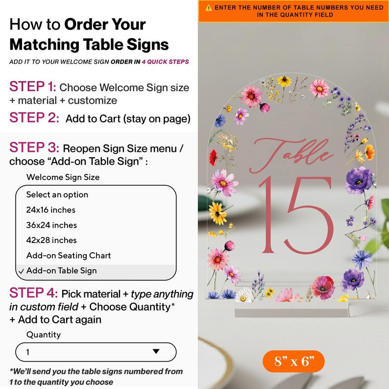 May include: An arched clear acrylic table sign featuring a colorful floral border with pink, purple, yellow, and blue wildflowers. The sign displays the text "Table 15" in a pink serif font. An orange label at the bottom indicates 8 x 6 inches.