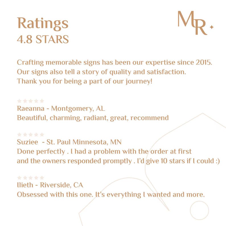 May include: A customer review graphic with the text Ratings 4.8 STARS and MR logo. It includes testimonials from Raeanna, Suziee, and Ilieth, stating: Crafting memorable signs has been our expertise since 2015. Our signs also tell a story of quality.