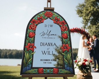 Red Floral Stained Glass Wedding Sign, Mirror Wedding Welcome Sign, Printed Mirrored Or Acrylic Wedding Entrance Signs
