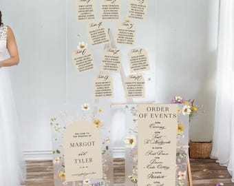 Wildflower Wedding Sign Bundle, Find Your Seat Sign, Order Of Events Sign, Wedding Table Numbers set