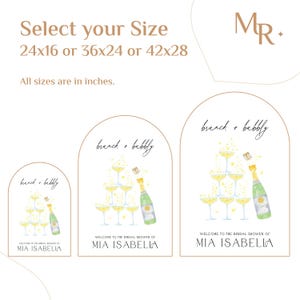 May include: Three printable bridal shower signs with a champagne tower and the text "branch + bubbly" and "Welcome to the bridal shower of Mia Isabella". The signs are available in three sizes: 24x16 inches, 36x24 inches, and 42x28 inches.