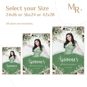 May include: Three different sizes of a green and white floral Quincea&ntilde;era backdrop with the text "Arianni's Quincea&ntilde;era 11.06.24". The backdrop features a young woman in a green dress with a floral crown.