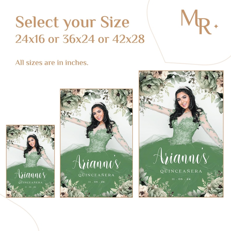 May include: Three different sizes of a green and white floral Quincea&ntilde;era backdrop with the text "Arianni's Quincea&ntilde;era 11.06.24". The backdrop features a young woman in a green dress with a floral crown.