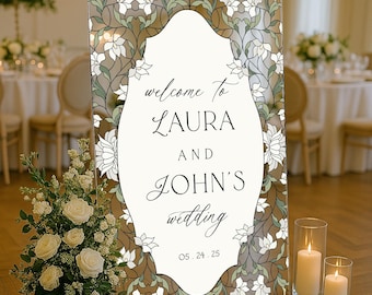 Stained Glass Wedding Sign, Cream Floral Wedding Welcome Sign, Mirror Or Acrylic Wedding Entrance Sign, Floral Wedding Decorations