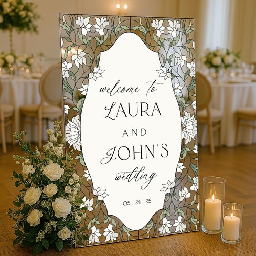 Stained Glass Wedding Sign, Cream Floral Wedding Welcome Sign, Mirror Or Acrylic Wedding Entrance Sign, Floral Wedding Decorations