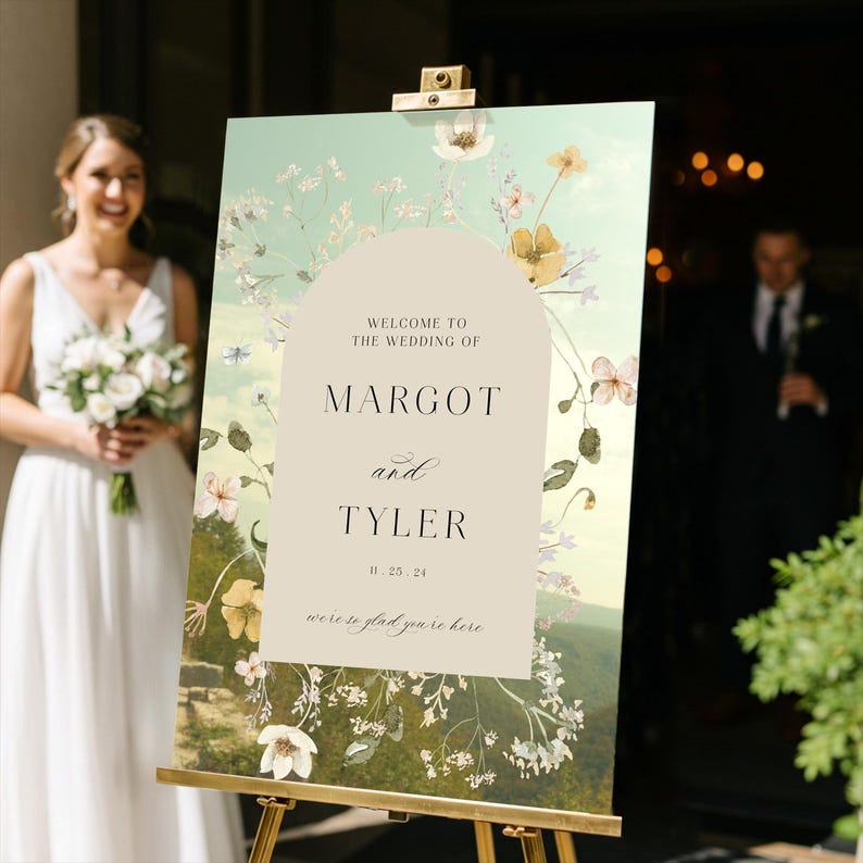 Letrero de boda con flores silvestres, letrero de bienvenida floral, decoraciones de boda con flores silvestres MyrtleRoyalBoutique Gold Mirror