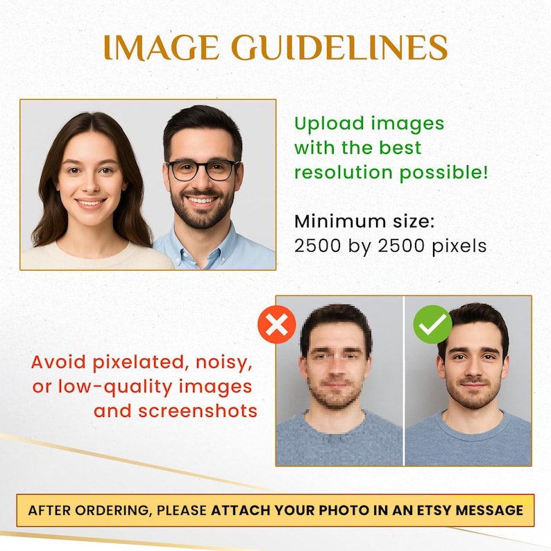 May include: An informational graphic titled IMAGE GUIDELINES with text instructions to upload high-resolution photos, minimum size 2500 by 2500 pixels, avoid pixelated images, and attach photos in an Etsy message after ordering, featuring example portraits.