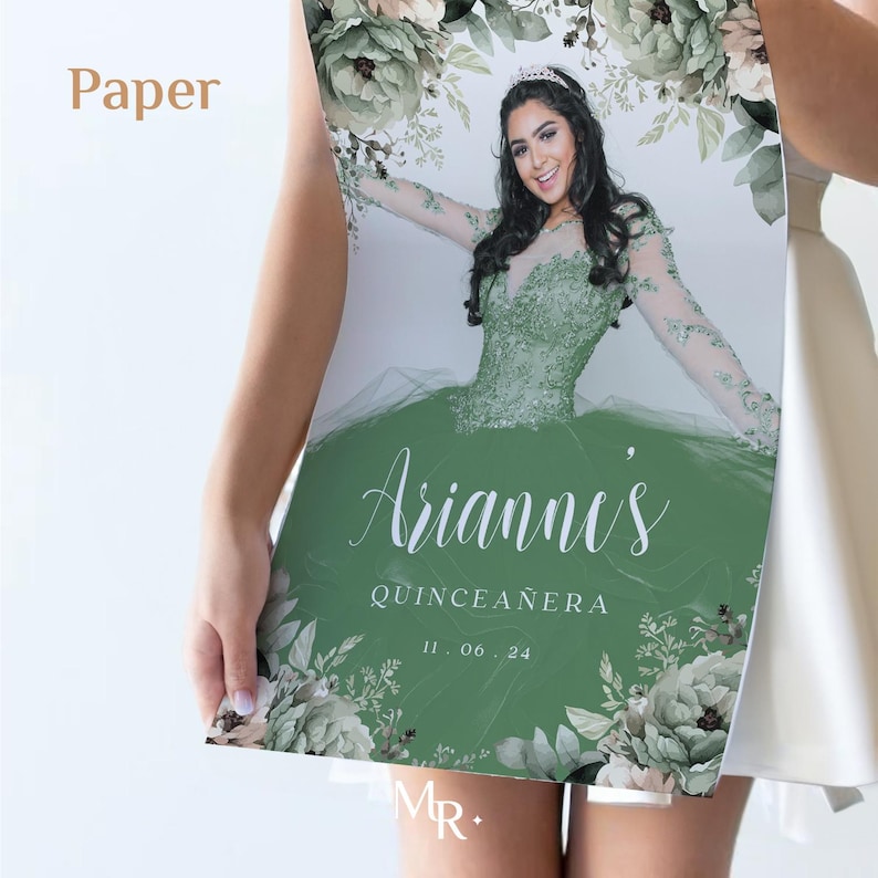 May include: Green and white floral Quincea&ntilde;era invitation with a photo of a young woman in a green dress. The invitation says "Arianne's Quincea&ntilde;era 11.06.24".