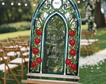 Stained Glass Wedding Welcome Sign, Red Roses Wedding Sign, Mirror or Acrylic Custom Wedding Signage