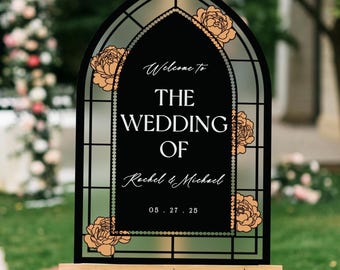 Red Roses Stained Glass Wedding Sign, Custom Black Wedding Welcome Signs, Floral Wedding Decorations