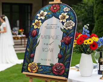 Floral Mirror Wedding Sign, Mirror Stained Glass Wedding Welcome Sign, Printed Mirrored Or Acrylic Roses Wedding Entrance Signs