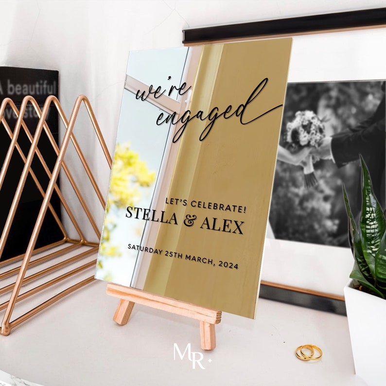 Engagement Sign, Engagement Welcome Sign, Custom Engagement Mirror Sign, Gold Engagement Party Welcome Sign, Were Engaged Sign image 5