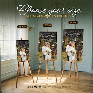 May include: Three vertical rectangular wedding welcome signs on wooden easels, each displaying a photograph of a couple with a horse. Text reads: Choose your size, ALL SIZES ARE IN INCHES, Welcome to the night before, ADELINE & GEORGE, 24"X16", 36"X24", 42"X28".