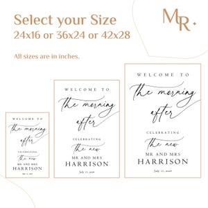 K&ouml;nnte beinhalten: Drei Willkommens-Schilder f&uuml;r Hochzeiten mit goldenen Rahmen und schwarzem Kalligraphie-Text. Die Schilder zeigen "Willkommen zum Morgen danach", "Feiern des neuen Herrn und Frau Harrison" und das Datum "17. Juli 2024". Die Schilder sind in drei Gr&ouml;&szlig;en erh&auml;ltlich: 24x16 Zoll, 36x24 Zoll und 42x28 Zoll.