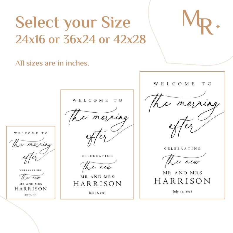 K&ouml;nnte beinhalten: Drei Willkommens-Schilder f&uuml;r Hochzeiten mit goldenen Rahmen und schwarzem Kalligraphie-Text. Die Schilder zeigen "Willkommen zum Morgen danach", "Feiern des neuen Herrn und Frau Harrison" und das Datum "17. Juli 2024". Die Schilder sind in drei Gr&ouml;&szlig;en erh&auml;ltlich: 24x16 Zoll, 36x24 Zoll und 42x28 Zoll.