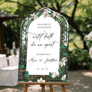 Stained Glass Wedding Sign, Floral Welcome Sign with Stain Glass Style, Greenery Entrance Sign Decorations