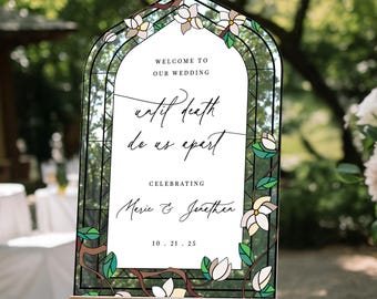 Stained Glass Wedding Sign, Floral Welcome Sign with Stain Glass Style, Greenery Entrance Sign Decorations