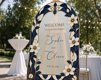 Navy Blue Floral Wedding Sign, Stained Glass Wedding Welcome Sign, Printed Mirror Wedding Entrance Sign