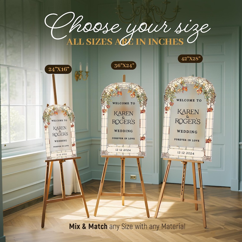 May include: Three arched wedding welcome signs on wooden easels, featuring stained glass floral borders and text reading Welcome to Karen & Roger's Wedding Forever in Love 12 12 2024. Sizes shown are 24x16 inches, 36x24 inches, and 42x28 inches.
