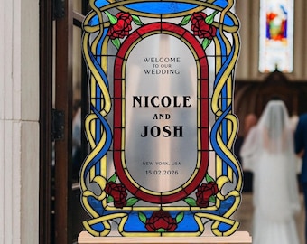 Floral Wedding Sign, Blue Iris Mirror Wedding Welcome Sign,  Stained Glass Wedding Entrance Sign, Printed Wedding Signs in Mirror Or Acrylic