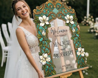 Cream Magnolias Wedding Welcome Sign, Green Stained Glass Wedding Signs, Acrylic Floral Wedding Signs, Printed Wedding Signage