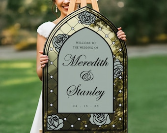 Custom Stained Glass Wedding Sign, Sage Floral Wedding Welcome Sign, Frosted Or Acrylic Wedding Entrance Sign, Wedding Decorations