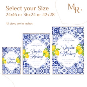 Puede incluir: Un cartel de despedida de soltera imprimible con un patr&oacute;n de azulejos azul y blanco, limones y el texto "Bienvenido al bridal shower de Sophie Klinberg. Gracias por compartir este d&iacute;a especial. 07.23.2014". El cartel est&aacute; disponible en tres tama&ntilde;os: 24x16 pulgadas, 36x24 pulgadas y 42x28 pulgadas.