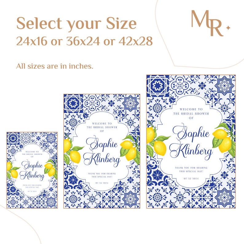 Puede incluir: Un cartel de despedida de soltera imprimible con un patr&oacute;n de azulejos azul y blanco, limones y el texto "Bienvenido al bridal shower de Sophie Klinberg. Gracias por compartir este d&iacute;a especial. 07.23.2014". El cartel est&aacute; disponible en tres tama&ntilde;os: 24x16 pulgadas, 36x24 pulgadas y 42x28 pulgadas.