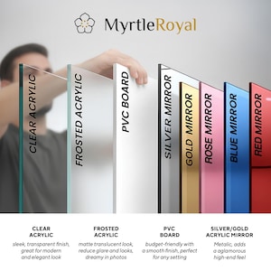 May include: A display of acrylic and mirror materials, including clear, frosted, and colored options like silver, gold, rose, blue, and red. The Myrtle Royal logo is at the top, with descriptions of each material below.