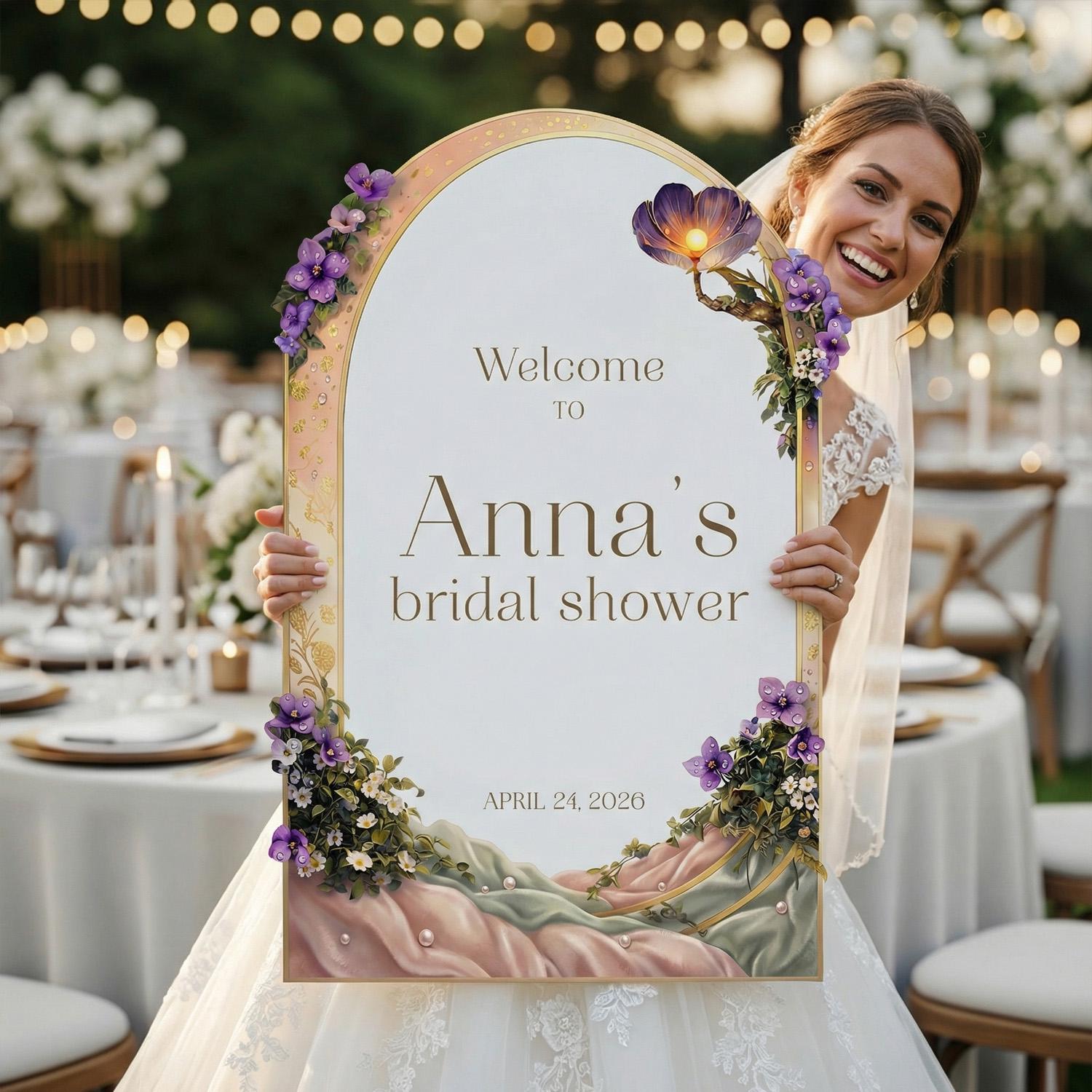 Purple Floral Bridal Shower Welcome Sign, Welcome to Bridal Shower Sign ...
