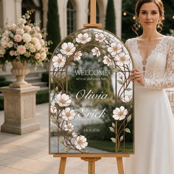White Floral Wedding Sign, Silver Mirror Wedding Welcome Sign, We’re So Glad You’re Here Signs,  Acrylic Wedding Entrance Sign