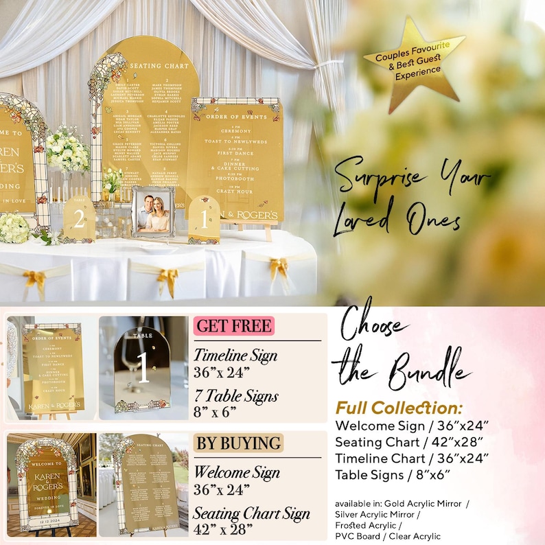 May include: A collection of gold acrylic wedding signage including a large arched seating chart, an order of events sign, and table number signs. The signs feature floral border details and printed text. Dimensions listed include 36" x 24", 42" x 28", and 8" x 6".