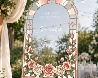 Panneau de mariage en vitrail de roses, Panneaux de bienvenue personnalisés en miroir, Panneaux de bienvenue à notre mariage, Décorations florales de mariage