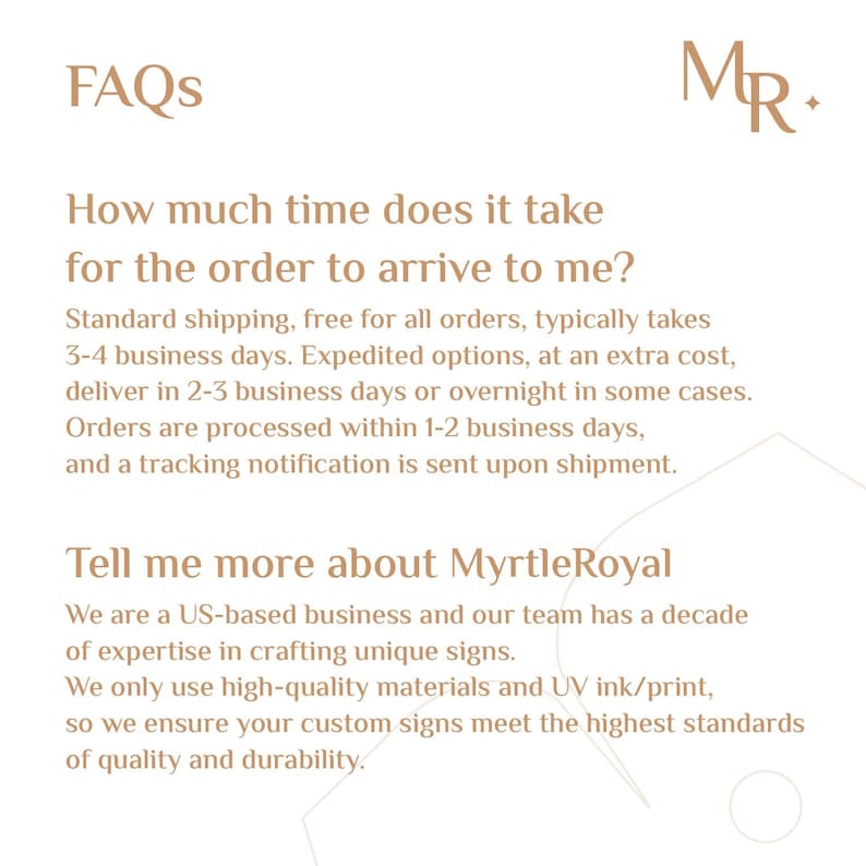 May include: A white informational graphic with light brown text featuring the heading FAQs and the logo MR. The text details shipping times, order processing, and company information about MyrtleRoyal, a US-based business crafting signs.