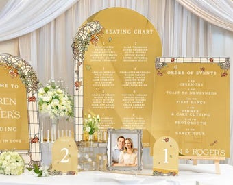 Stained Glass Floral Wedding Sign Bundle, Seating Chart Sign, Order Of Events Sign, Wedding Table Numbers