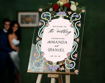 Stained Glass Wedding Sign, Pastel Wedding Welcome Sign, Frosted Acrylic Wildflower Wedding Entrance Sign, Wildflowers Wedding Decorations