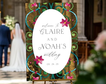 Stained Glass Wedding Sign, Gold Mirror Wedding Welcome Sign, Floral Wedding Entrance Sign, Stain Glass Look Wedding Decorations