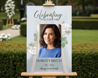 Printed Celebration of Life Welcome Sign With Photo, Custom Floral Funeral Sign, In Loving Memory Sign With Picture, Memorial Sign