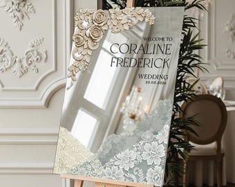 Letrero de boda acrílico, letrero de bienvenida con espejo, letrero de entrada floral personalizado.