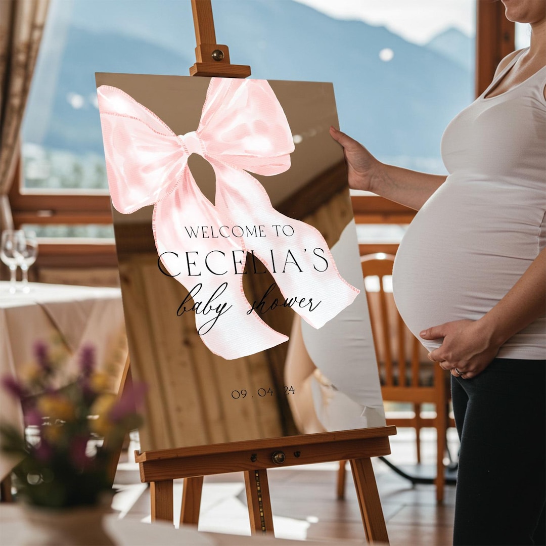 Custom Pink Bow Baby Shower Sign, Blush Pink Girls Baby Shower Sign ...