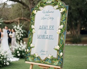 Floral Wedding Welcome Sign, Green Stained Glass Wedding Signs, Welcome To Our Love Story Wedding Signs, Printed Frosted Wedding Sign