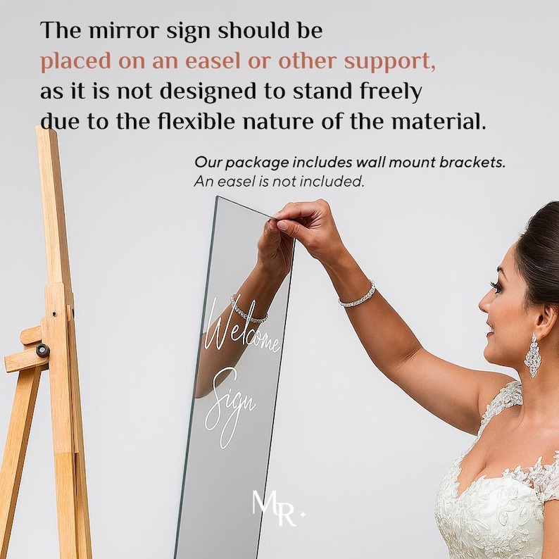 May include: A rectangular mirror sign featuring the white script text Welcome Sign and the letters MR. The mirror is flexible and requires an easel or wall mount brackets for display. The text states it should be placed on an easel or support.