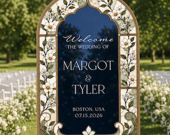 Floral Green Wedding Welcome Sign, Magnolia Stained Glass Wedding Welcome Sign, Printed Mirror Wedding Entrance Sign