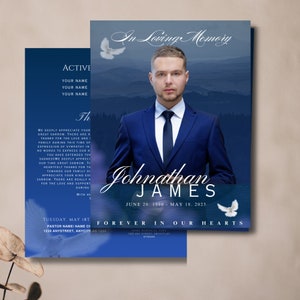 May include: A blue and white memorial card with a photo of a man in a suit. The card reads "In Loving Memory" and "Johnathan James" with the dates "June 20, 1990 - May 18, 2023". The card also says "Forever in Our Hearts".