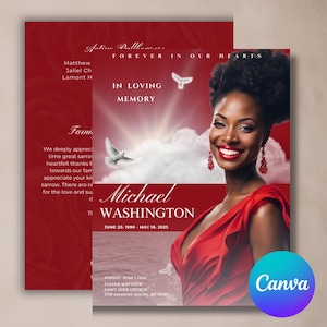 Personalized RED Funeral Program Booklet  | Mogul Magazine Style, 8 Pages - Celebration of Life Keepsake - Digital Download Canva 11&quot;x8.5&quot;