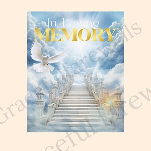 In Loving Memory PNG, Blue Sky Heaven Stairway Memorial Background for Funeral, Memorial & Remembrance. Canva Memorial T-Shirt Sublimation