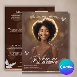 Personalized BROWN  Funeral Program Booklet  | Mogul Magazine Style, 8 Pages - Celebration of Life Keepsake - Digital Download Canva