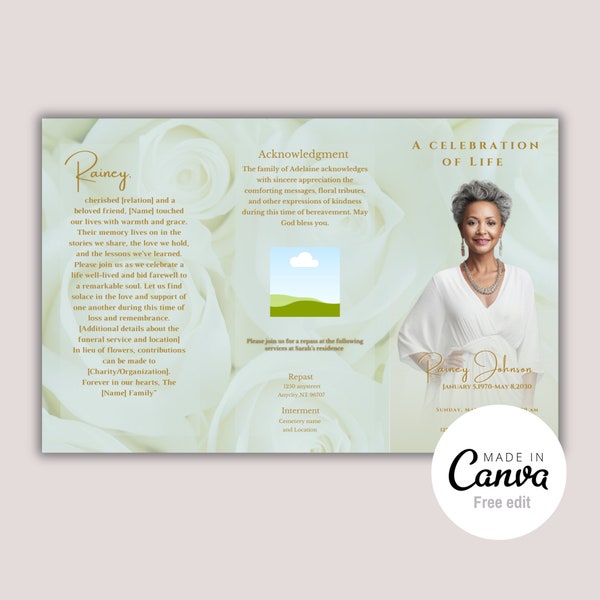 17"x11"  Tri fold OBITUARY TEMPLATE  | Elegant Style Funeral Program | Celebration of Life |Keepsake |Digital Download |Canva Template